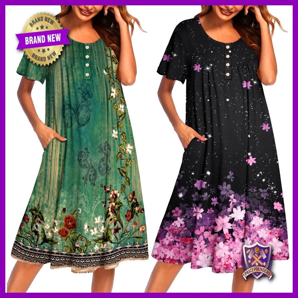 Plus Size House Dress with Pockets Short Sleeve Nightgown Lounge Wear